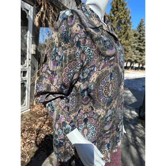 90s Emblem 100% Silk Shirt Button Up Mixed Print Sz M - Picture 8 of 11